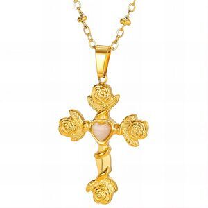 18K Gold Plated Ornate Cross Women's Necklace Hypoallergenic Waterproof